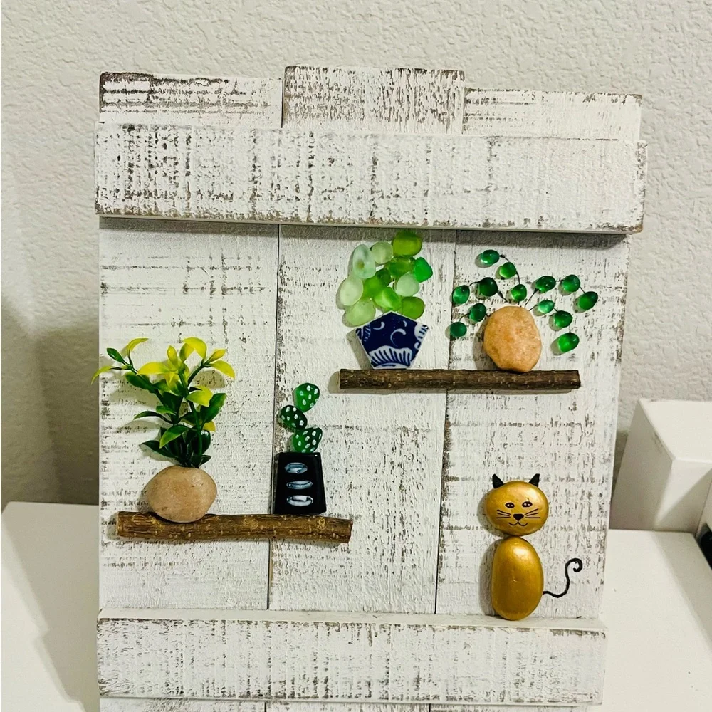 Rustic White Wall Decor with Gold Cat and Green Plants